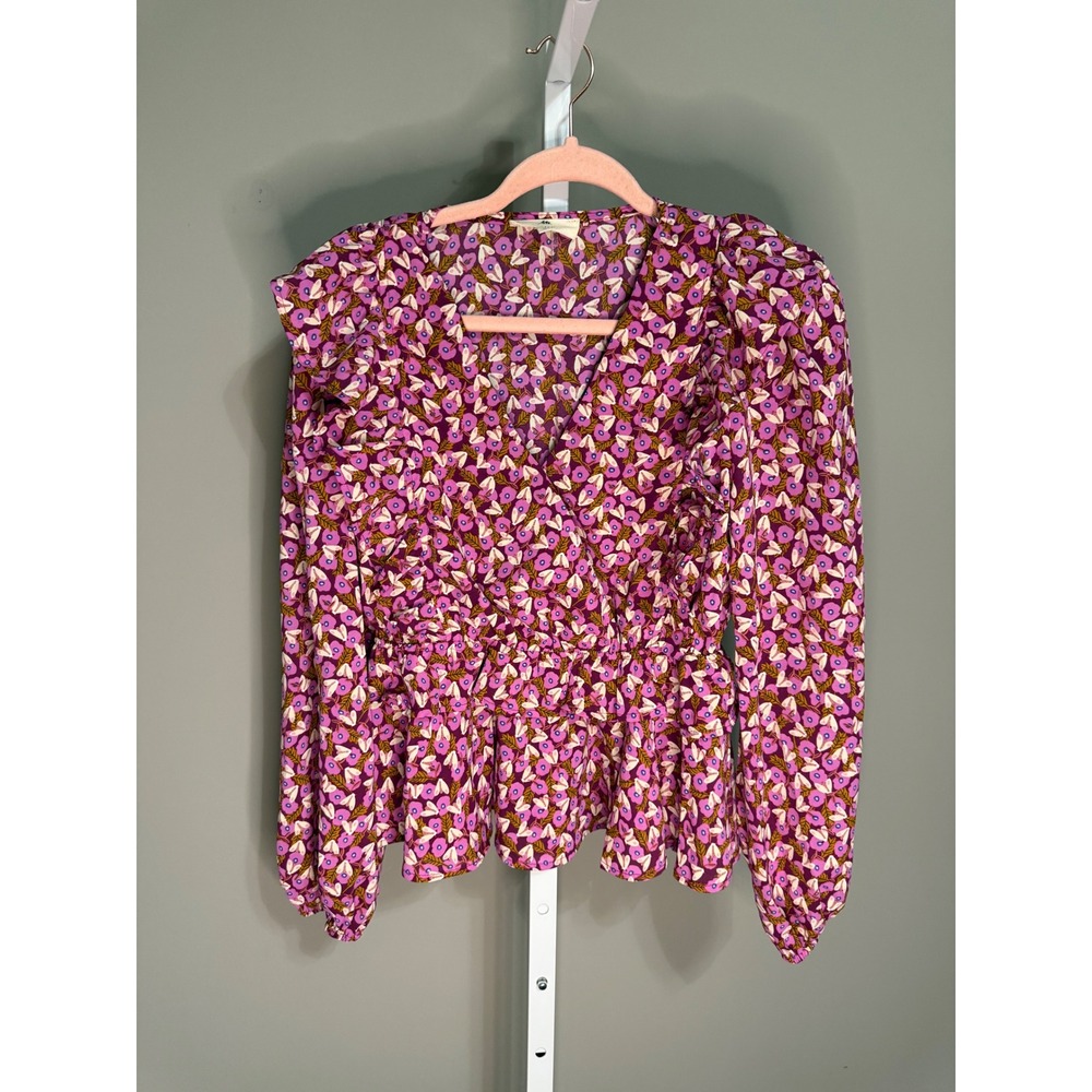 Entro Purple Pink Floral Peplum Blouse‎ Top S Puff Sleeve Cottagecore Boho Twee - Picture 6 of 8